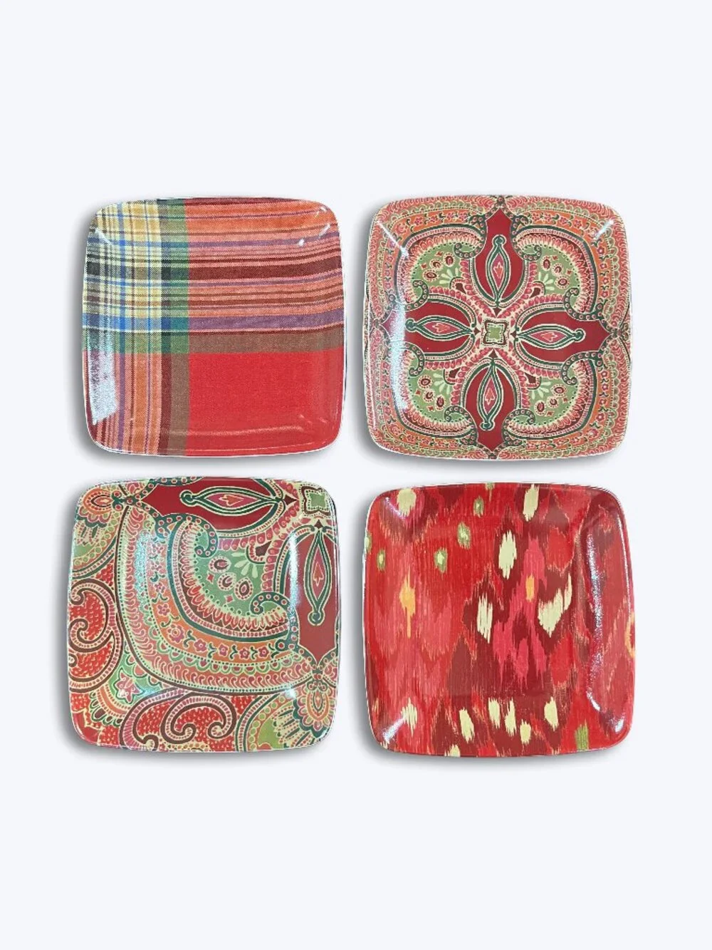 Pottery Barn Tidbit Plates Set 4 Red Paisley Plaid Ikat Square Snack Appetizer